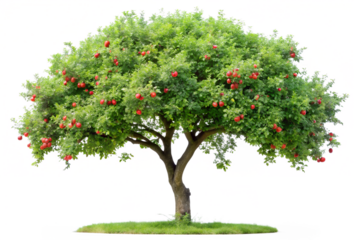 Ripe apple tree with abundant red fruits and lush green foliage, isolated on transparent background
