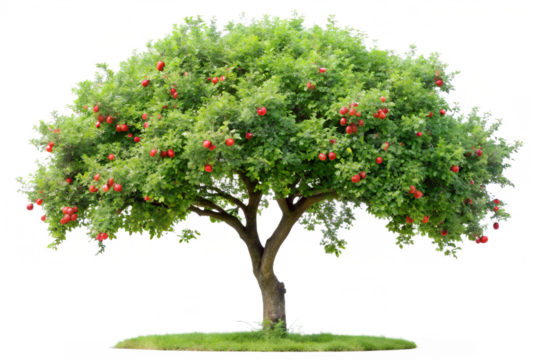 Ripe apple tree with abundant red fruits and lush green foliage, isolated on transparent background