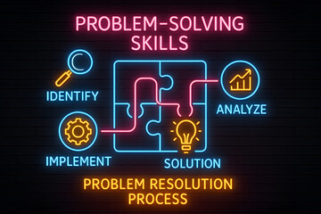 Neon Problem Solving Infographic with Step-by-Step Process for Business Strategy