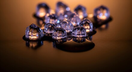 Luminous Ultra-Macro of Melting Sugar Crystals, forming delicate, glowing patterns and liquid reflections on a dark surface, creating an ephemeral and artistic light effect.