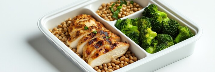 Grilled chicken, steamed broccoli, and grain bowl served in a stylish meal prep container for a healthy lunch option at home or on the go