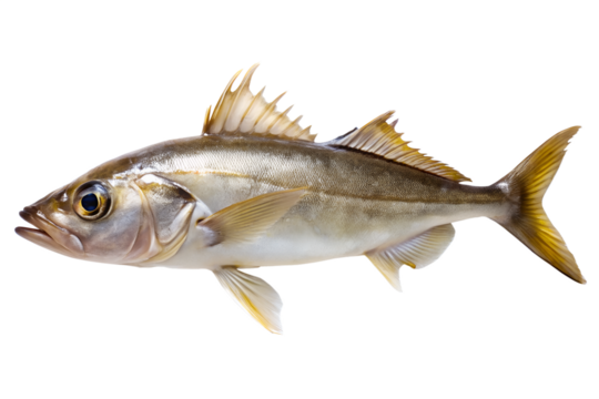Freshly caught weakfish isolated on transparent background, side view of silverbodied fish with yellow tail