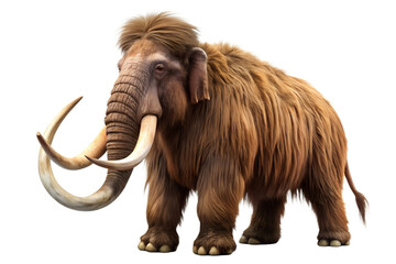Obraz premium Realistic illustration of woolly mammoth isolated on transparent background, extinct prehistoric animal with long curved tusks and thick fur