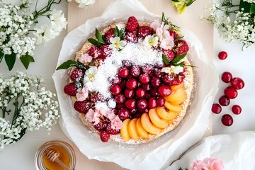 Colorful fruit tart flatlay, summer dessert with berries and peach, powdered sugar topping, rustic pastry style, floral decoration, fresh seasonal fruits, bright natural lighting, top view
