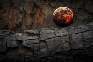 A fiery, cratered celestial body with an ominous glow rests upon a dark, charred wooden surface, creating an otherworldly, mysterious scene.