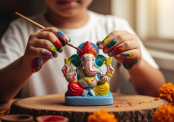 Children's hands, joyfully messy with eco-paints, decorating vibrant clay Ganesh idols for Diwali puja, highlighting sustainable craftsmanship and festive preparation.