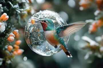Vibrant hummingbird sips from a sparkling bubble, capturing a winter berry amidst frosted foliage.