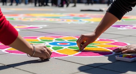 Dynamic High-Angle Shot of Diverse Artists Collaborating on Vibrant Rangoli-Inspired Chalk Murals at a Bustling Urban Diwali Art Festival, Emphasizing Community Engagement in Bright Daylight.