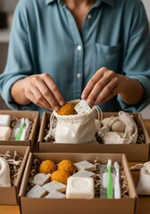 Heartfelt Diwali Charity: Individual Assembling Eco-Friendly Care Packages with Homemade Sweets and Essentials for Underprivileged Communities, Symbolizing Selfless Giving and Community Support
