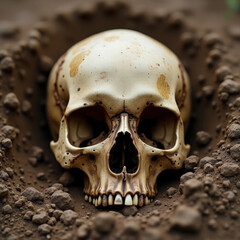 Weathered human skull partially buried in dry soil