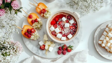 Chocolate Fondue Dessert Spread, Elegant Sweet Dip With Marshmallows, Fruit Skewers And Raspberries, High Angle View On Marble Board, Romantic Valentine Treat, Minimalist Food