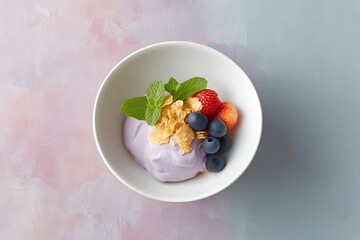 Vibrant Purple Yogurt Bowl, Healthy Breakfast With Fresh Berries, Corn Flakes Cereal, Minimalist Dessert, Sweet Potato Puree, Top Down View, Colorful Background, Clean Eating