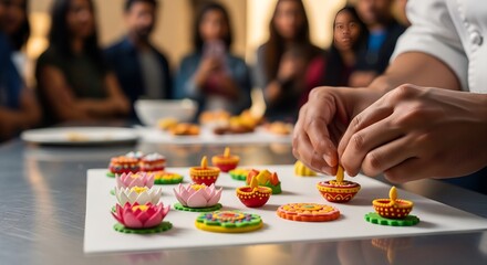 Dynamic Culinary Art Performance at Modern Diwali Food Festival: Chef Sculpting Edible Desserts with Blurred Motion