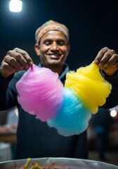 Joyful Indian Street Vendor Sells Vibrant Buddhi Ke Baal (Cotton Candy) in a Candid Low-Angle Shot at a Bustling Diwali Night Market, Highlighting Intricate Sugary Clouds and Festive Colors.