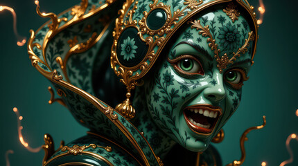 Porcelain face sculptures with floral patterns and ornate golden details