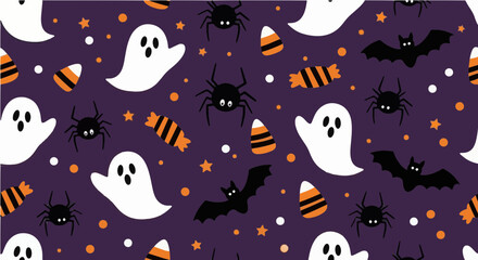 Obraz premium Halloween themed pattern with ghosts bats spiders stars and candy on a purple background seamless design