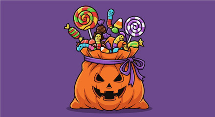 A halloween bag overflowing with colorful candies and lollipops on a purple background illustration