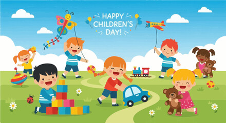 Obraz premium Happy children playing with toys and kites on a sunny day celebrating children's day with joy and happiness