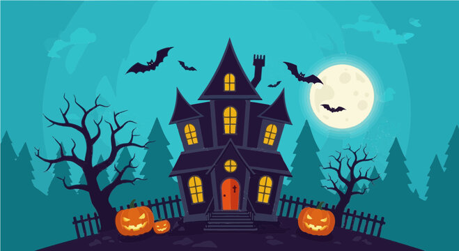 A spooky haunted house with bats flying around on halloween night under the moonlight in cartoon style