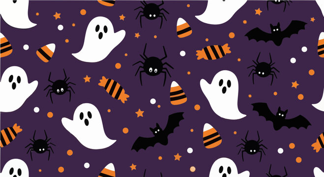 Halloween themed pattern with ghosts bats spiders stars and candy on a purple background seamless design