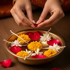Vibrant floral rangoli in brass Urli, handcrafted for auspicious Diwali celebrations, showcasing fresh petals, unlit wicks, and rich textures on a warm wooden floor, symbolizing devotion.