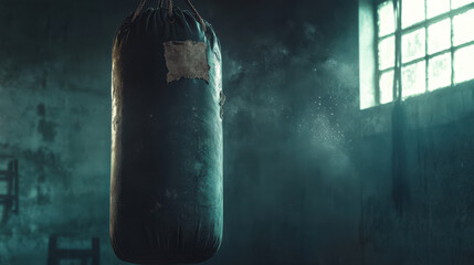 Old punching bag in dark vintage gym with dramatic light