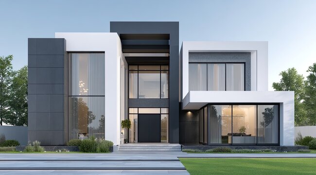 Modern, stylish house facade with black and white geometric design. Large windows, landscaped lawn, and a contemporary entrance