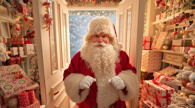 Ded Moroz in traditional red robe opens arms at snowy decorated entrance surrounded by gifts and sparkling holiday magic.