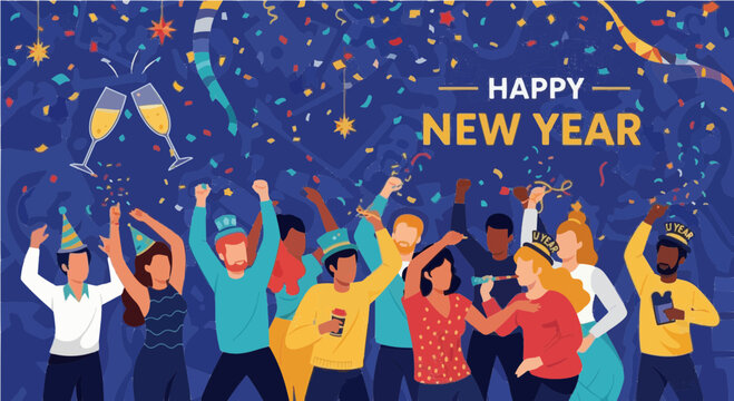 Illustration of a new year celebration with people confetti and champagne glasses on a blue background