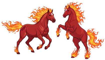 Fiery steeds, fire horses, new year symbol, Flame vector stallion. Fast running mustang horse. Symbol of freedom, power, success. Burning cartoon horse in dynamic pose. Rearing up vector muscle horse © Kate