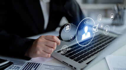 Digital KYC verification with biometric scan, ID authentication, and financial security icons representing identity verification, secure onboarding, fraud prevention, and compliance Latch