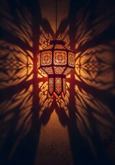 Elegantly decorated traditional Indian Kandeel lantern casting ethereal shadows on an old home's wall at dusk, symbolizing hope and festive light during Diwali celebrations.