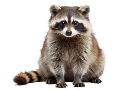 Closeup portrait of a raccoon isolated on transparent background, showing detailed fur and facial features