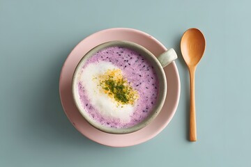 Purple Ube Latte Drink, Colorful Sweet Potato Coffee, Cozy Beverage In A Mug, Asian Inspired Dessert Drink, Top Down View With Wooden Spoon, Minimalist Styling, Copy Space