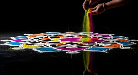 Mesmerizing High-Angle Shot of Artisan Hands Pouring Swirling Colored Sand to Create a Vibrant Diwali Mandala with Dynamic Motion Blur and Sharp Geometric Design Focus.