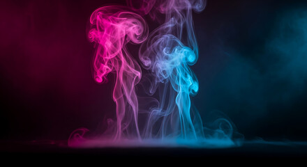 Swirling plumes of pink and blue smoke rising and intermingling against a dark background graphic design