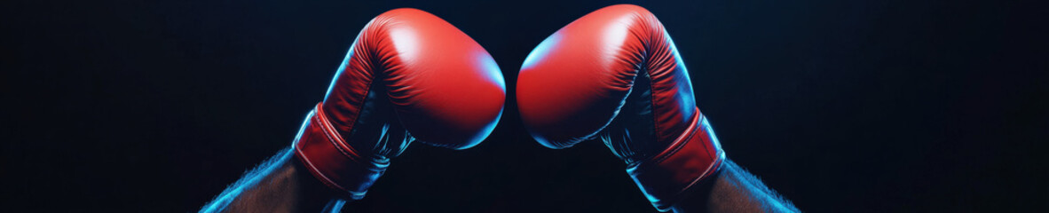 Two red boxing gloves face to face on dark background