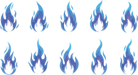 Stylized Blue and Purple Flame Icon Set with Sparkles for Fantasy UI, Magical Fire Elements, Abstract Vector Design Collection 