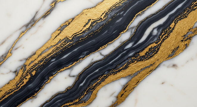 White Marble with Bold Diagonal Veins of Black and Gold golden - Powered by Adobe