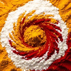 Abstract macro of vibrant turmeric, kumkum, and rice powder swirling, creating dynamic patterns for a Diwali blessing, symbolizing auspiciousness, abundance, and rich cultural traditions.