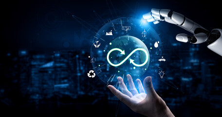 The concept of an AI driven circular economy for sustainable production and consumption. A global AI model for recycling and renewable energy. Motif