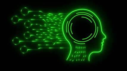 AI brain with human silhouette. Digital circuits represent learning and innovation. Glowing green neon abstract human head silhouette with digital circuit lines and data flow. - Powered by Adobe