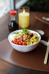 Ceviche with seafood, with colorful ingredients and in a deep dish. An oriental seafood dish.