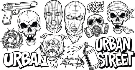 Urban rebellion vector set with masked faces, skulls, bulldog, handgun, barbed wire, graffiti text, and street culture icons