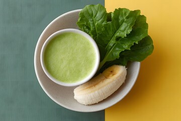 Healthy Green Smoothie Bowl, Fresh Banana And Kale Leaves, Clean Detox Drink, Vibrant Vegan Food, Minimalist Food Photography, Top Down View, Colorful Background With Copy Space