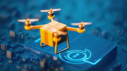Orange delivery drone on futuristic digital platform with cityscape background - Powered by Adobe
