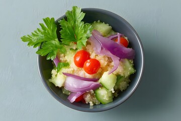 Quinoa Salad With Cherry Tomatoes And Red Onion, Healthy Vegetarian Meal, Fresh Vegetable Bowl, Mediterranean Inspired Food, Top Down View, Simple Food Styling, Copy Space