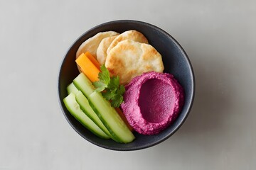 Beetroot Hummus Dip With Vegetables And Pita, Healthy Vegan Snack Bowl, Vibrant Pink Dip, Middle Eastern Food Concept, Colorful Appetizer, Top Down View, Minimalist Food Styling