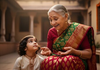 Heartwarming candid low-angle shot of diverse Indian grandmothers sharing Diwali wisdom with eager children in a serene village courtyard, bathed in soft diffused daylight.