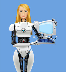 A beautiful blonde biorobot girl stands in front and holds a fictional computer with a glowing screen in her hands. Vector realistic illustration in 3d style